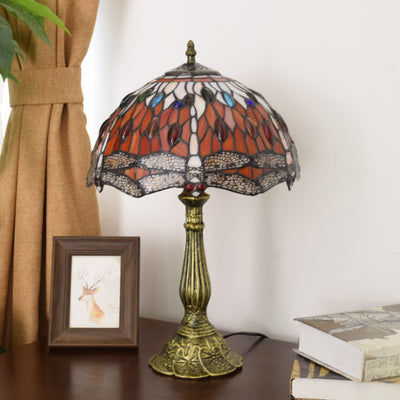 Traditional Tiffany Round Dome Dragonfly Aluminum Stained Glass 1-Light Table Lamp For Bedroom