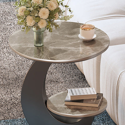 Modern Minimalist Round Iron Slate Coffee Table Two Tier For Living Room