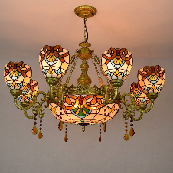 Traditional Tiffany Bead Dome Baroque Iron Glass Alloy 8/11 Light Chandeliers For Living Room