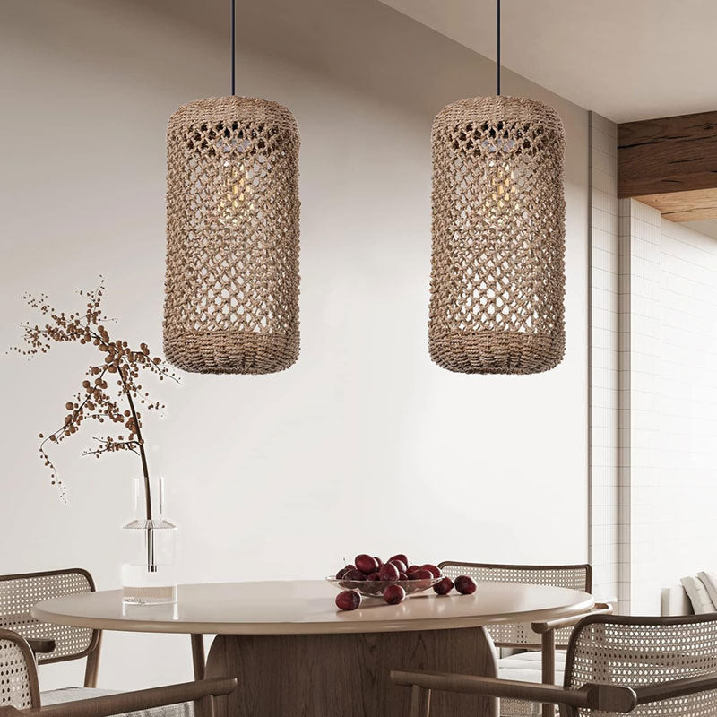 Traditional Rustic Rattan Weaving Openwork Cage 1-Light Pendant Light For Dining Room