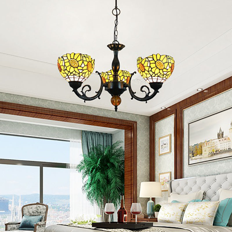 Traditional Tiffany Pastoral Yellow Sun Flower Pattern Stained Glass 3-Light Chandelier For Dining Room