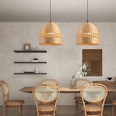 Traditional Chinese Round Dome Bamboo Weaving Hollow 1-Light Pendant Light For Living Room