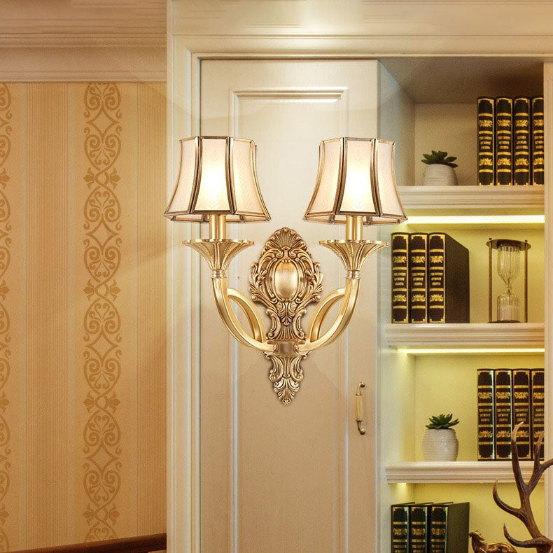 Traditional European Hexagonal Shade Wheat Copper Glass 1/2 Light Wall Sconce Lamp For Living Room