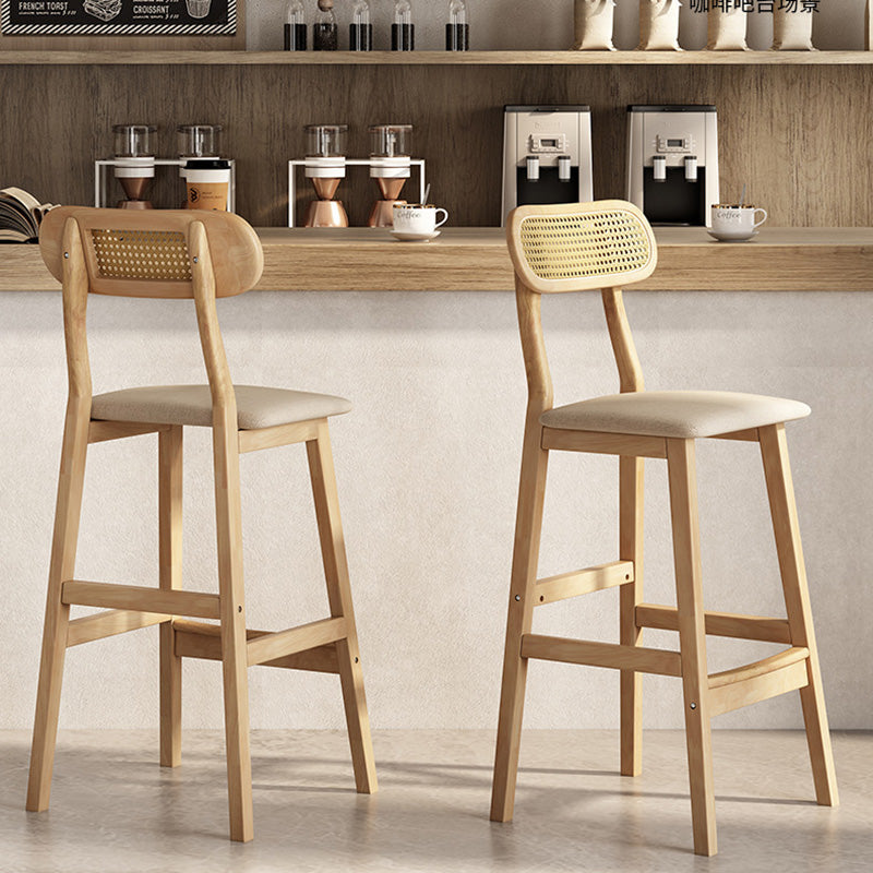 Modern Minimalist PU Leather Rattan Upholstered Rubberwood Counter Stool Open Back Footrest For Kitchen