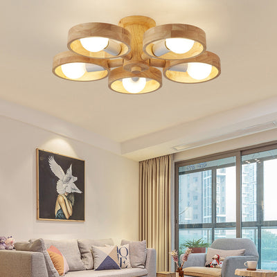 Contemporary Nordic Round Rotatable Rubber Wood 3/5 Light Semi-Flush Mount Ceiling Light For Living Room