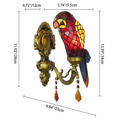 Traditional Tiffany Stained Glass Parrot Crystal 1-Light Wall Sconce Lamp For Living Room