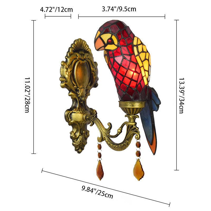 Traditional Tiffany Stained Glass Parrot Crystal 1-Light Wall Sconce Lamp For Living Room