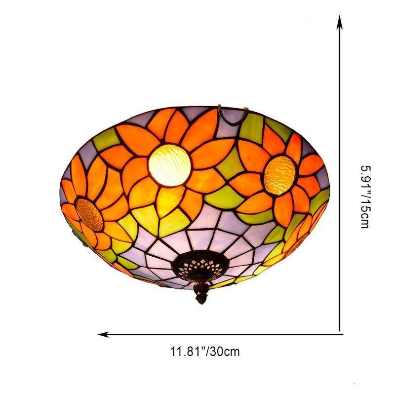 Traditional Tiffany Dome Sunflower Iron Glass 2-Light Flush Mount Ceiling Light For Living Room