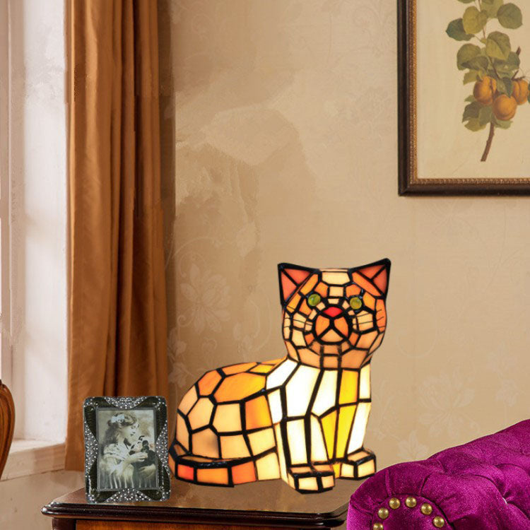 Lampe de table traditionnelle à 1 lumière en forme de chat en vitrail Tiffany pour chambre à coucher