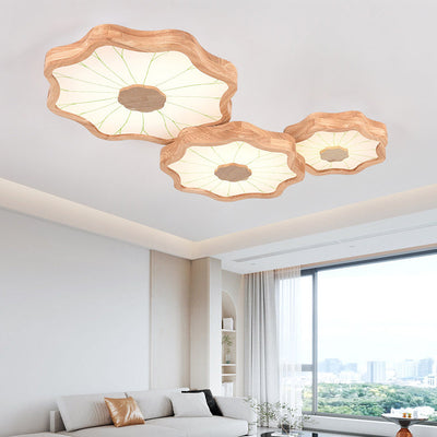 Traditional Chinese Lotus Leaf Wooden Iron Acrylic LED Flush Mount Ceiling Light For Living Room