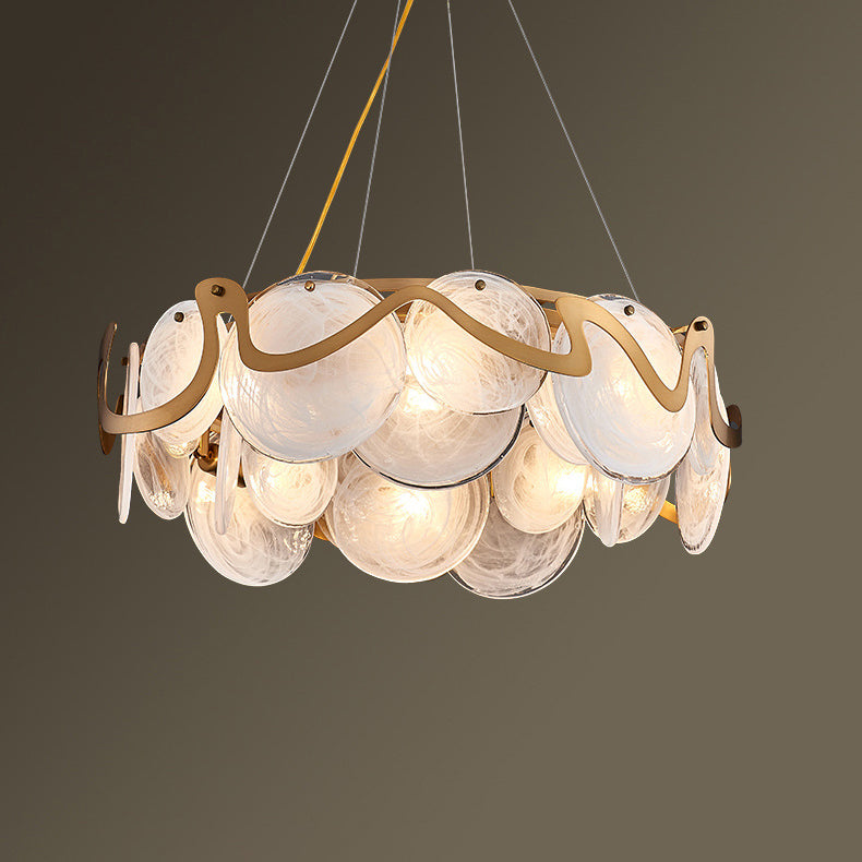 Contemporary Luxury Gold Finish Frame Cloud Texture Glass Disc 8/10-Light Chandelier For Living Room