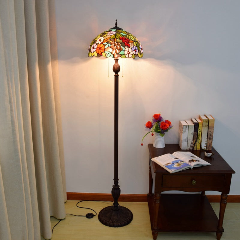 Traditional Tiffany Dome Iron Resin Glass 3-Light Standing Floor Lamp For Living Room