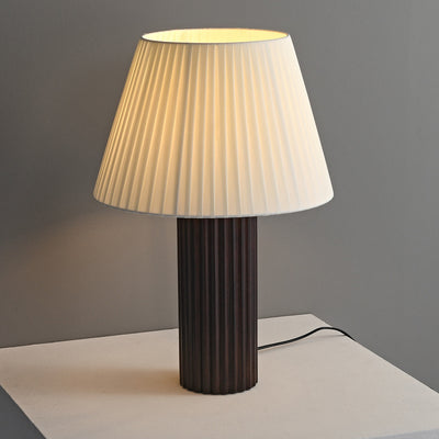 Contemporary Retro Cylinder Pleated Wood Fabric Brass 1-Light Table Lamp For Bedside