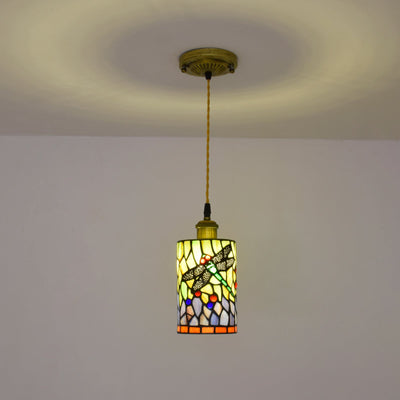 Traditional Tiffany Stained Glass Dragonfly Cylinder 1-Light Pendant Light For Living Room