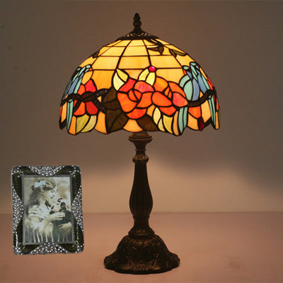 Traditional Tiffany Stained Glass Rose Flower Parrot Dome 1-Light Table Lamp For Bedroom