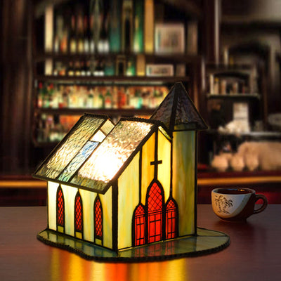 Traditional Tiffany Glass House Chapel 1-Light Table Lamp Night Light For Bedside