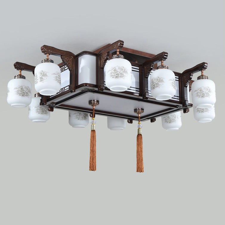 Traditional Chinese Wood Acrylic Glass Round Rectangular Lantern 6/8/10 Light Flush Mount Ceiling Light For Living Room