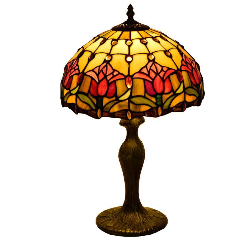 Traditional Tiffany Stained Glass Red Tulip Dome Aluminum Base 1-Light Table Lamp For Bedroom