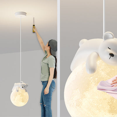 Contemporary Creative Resin Animal Rabbit Moon 1-Light Kids Pendant Light For Living Room