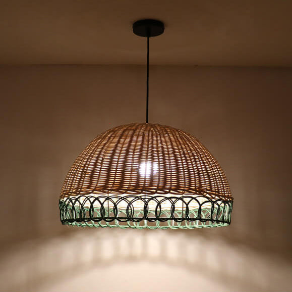 Traditional Japanese Rattan Weaving Round 1-Light Pendant Light For Living Room