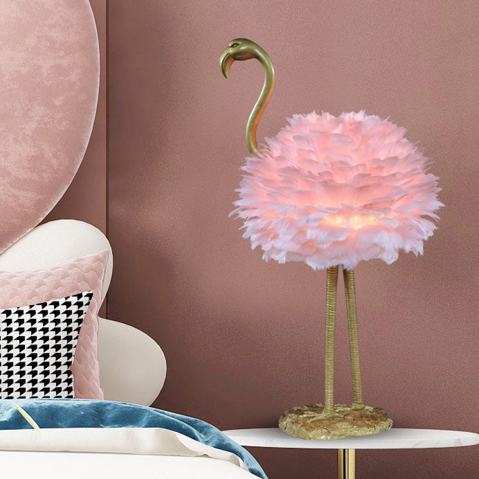 Contemporary Nordic Goose Feather Metal Flamingo Ball 1-Light Table Lamp For Bedside