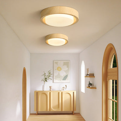 Traditional Japanese Round Glass Wood Grain LED Flush Mount Ceiling Light For Bedroom