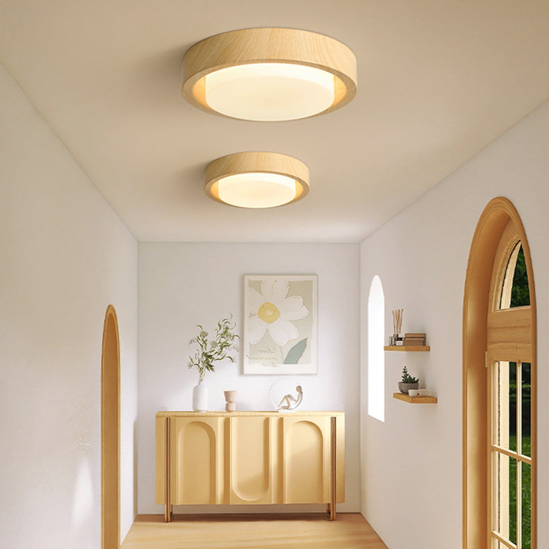 Traditional Japanese Round Glass Wood Grain LED Flush Mount Ceiling Light For Bedroom