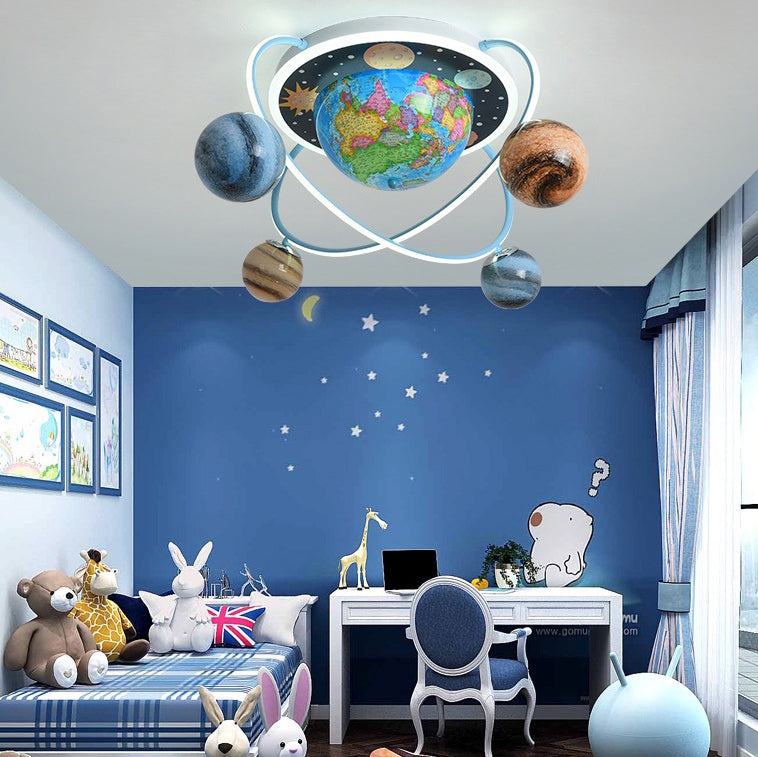 Contemporary Creative Kids Round Earth Planet Hardware Acrylic Glass LED 4-Light Flush Mount Ceiling Light For Bedroom