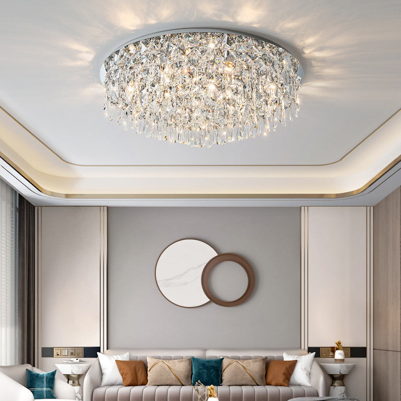 Contemporary Luxury Dazzling Prismatic Crystal Strings Stainless Steel Round Frame 2/6/8-Light Flush Mount Ceiling Light For Living Room