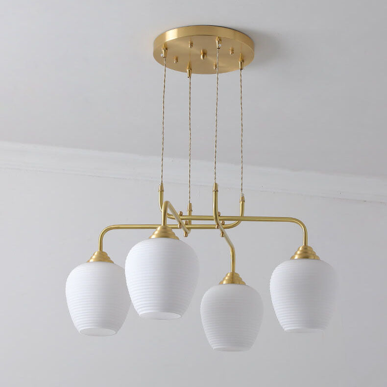 Modern Transitional Round Cup All Brass Glass 4-Light Chandelier For Living Room