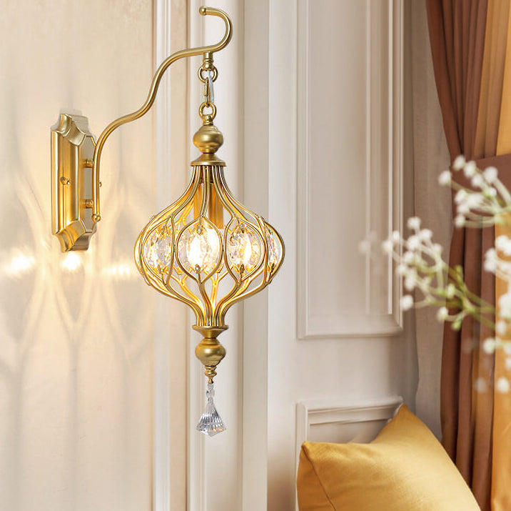 Modern Luxury Oval Lantern Iron Crystal 1-Light Wall Sconce Lamp For Living Room