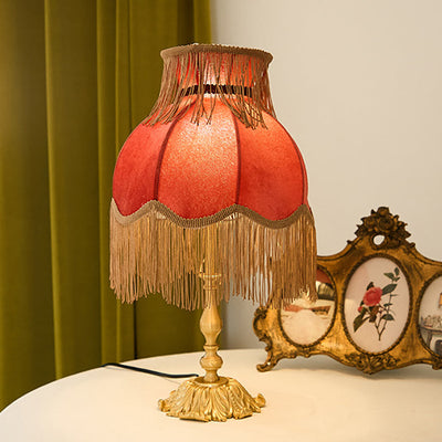 Traditional French Fabric Tassel Shade Full Copper Base 1-Light Table Lamp For Home Office