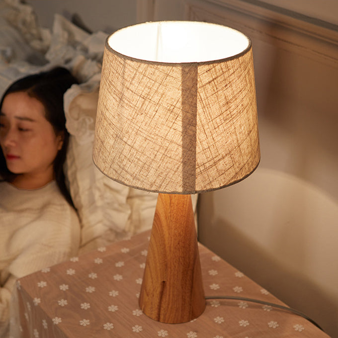 Traditional Japanese Round Tapered Solid Wood Base Fabric 1-Light Table Lamp For Bedroom