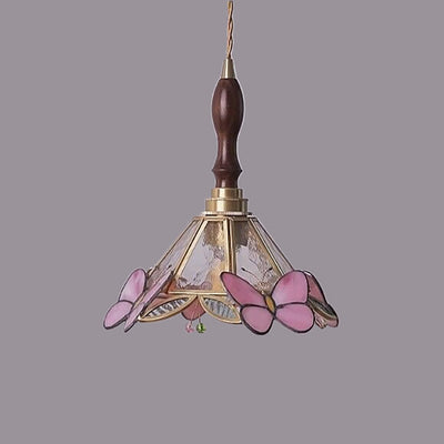 Traditional Japanese Butterfly Glass Conical 1-Light Pendant Light For Living Room