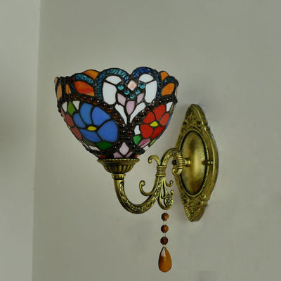 Traditional Tiffany Cup Rose Sunflower Dragonfly Iron Stained Glass 1-Light Wall Sconce Lamp For Bedroom