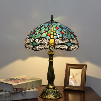 Traditional Tiffany Aluminum Alloy Glass Dome Dragonfly 1-Light Table Lamp For Bedroom