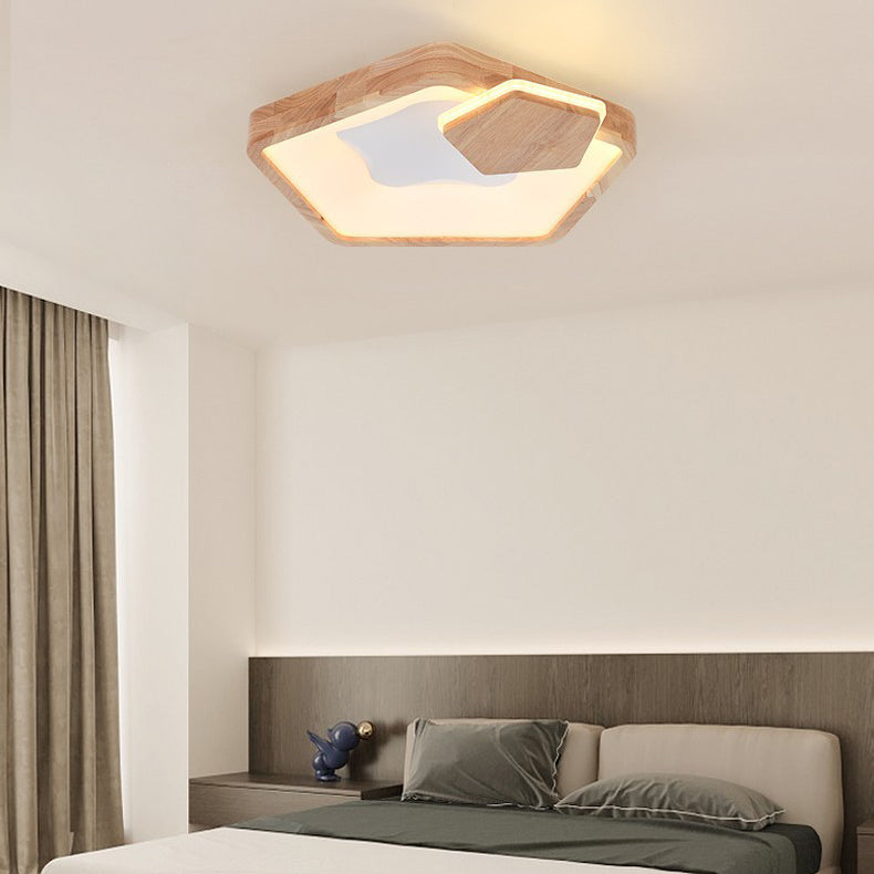 Modern Minimalist Pentagonal Star Wood Grain Acrylic LED Flush Mount Ceiling Light For Bedroom