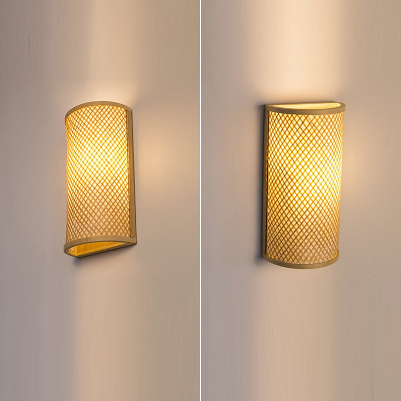 Traditional Japanese Weaving Semicircular Cylinder Bamboo 2-Light Wall Sconce Lamp For Bedside