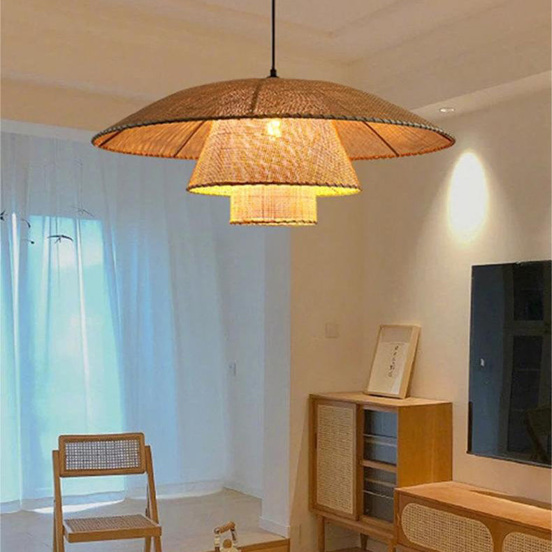 Traditional Japanese Triple Round Rattan 1-Light Chandelier For Living Room