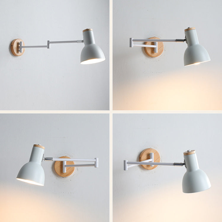 Modern Minimalist Swing Arm Retractable Cylinder Round Iron Solid Wood Glass 1-Light Wall Sconce Lamp For Bedroom