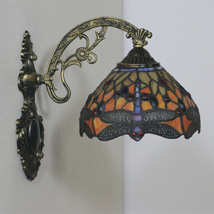 Traditional Tiffany Half Ball Floral Dragonfly Iron Glass 1-Light Wall Sconce Lamp For Bedroom