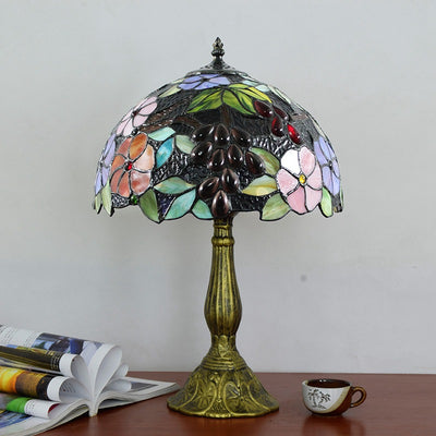 Traditional Tiffany Aluminum Alloy Glass Dome Grape Flower 1-Light Table Lamp For Bedside