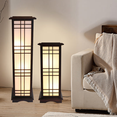 Traditional Chinese Rectangular Parchment Wood 1-Light Standing Floor Lamp For Entertainment Rooms