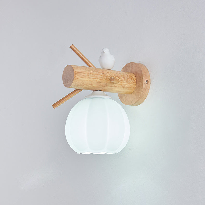 Modern Minimalist Pumpkin Bird Wood PE 1-Light Wall Sconce Lamp For Bedroom