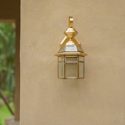 European Outdoor Hexagonal Cage Glass Copper 1-Light Waterproof Wall Sconce Lamp