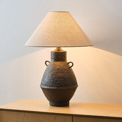 Traditional Japanese Jar Ceramic Fabric 1-Light Table Lamp For Living Room