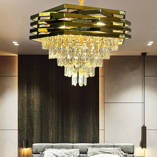 Contemporary Luxury Square Stacked Branch Crystal Metal Stainless Steel 5/7/8/9 Light Chandelier For Living Room