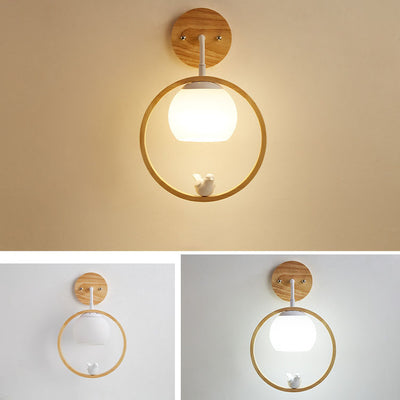 Contemporary Scandinavian Bird Round Wood Glass 1-Light Wall Sconce Lamp For Bedroom