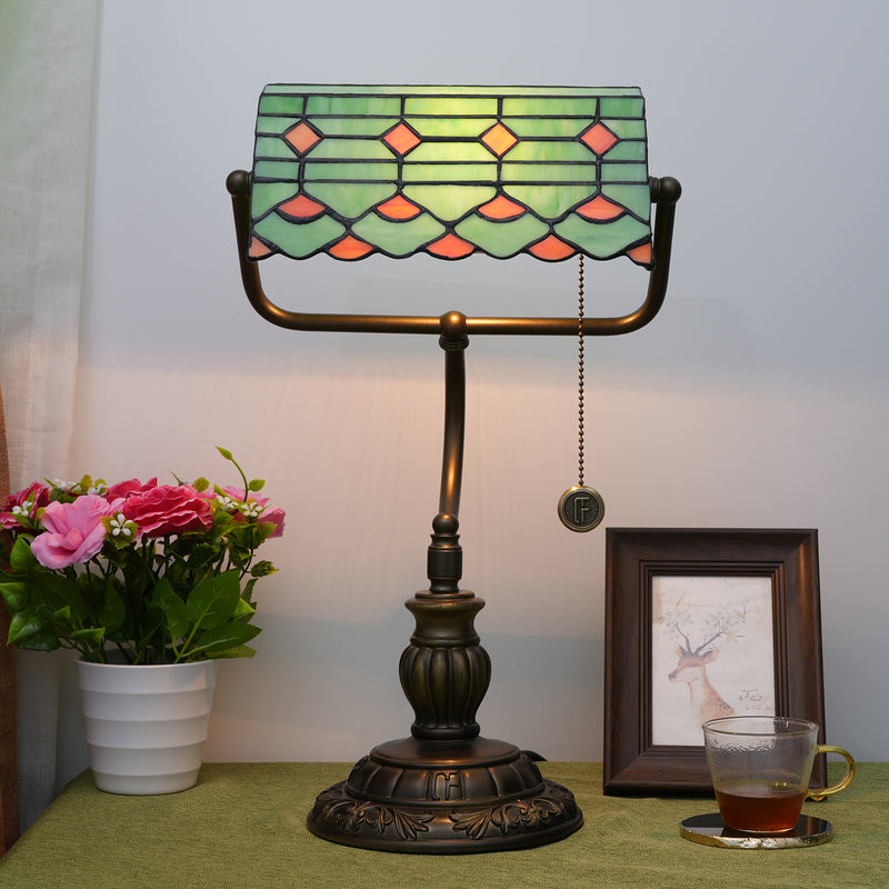 Traditional Tiffany Green Leaf Red Spot Trapezoidal Iron Resin Glass 1-Light Zipper Table Lamp For Bedside