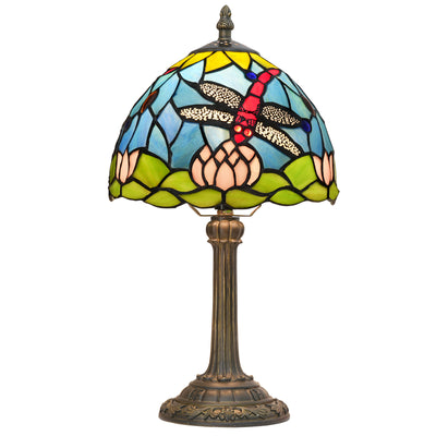 Traditional Tiffany Glass Resin Dome Dragonfly Lotus 1-Light Table Lamp For Study